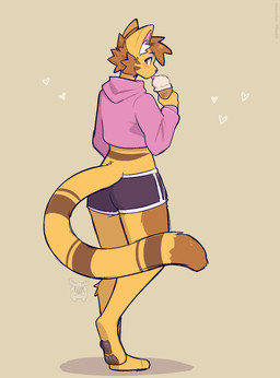 anthro black_bottomwear black_clothing black_shorts blush bottomwear brown_eyes brown_hair brown_markings cheek_tuft clothing cropped_hoodie eating_ice_cream facial_tuft food fur hair heart_symbol holding_food holding_ice_cream_cone holding_object hoodie ice_cream_cone inner_ear_fluff looking_back male markings pawpads pink_clothing pink_hoodie pink_tongue pink_topwear short_hair shorts simple_background solo tail tongue tongue_out topwear tuft wide_hips yellow_body yellow_fur fleurfurr volt_(vowolt) domestic_cat felid feline felis mammal cel_shading colored colored_sketch digital_drawing_(artwork) digital_media_(artwork) hi_res shaded sketch