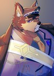 anthro brown_body brown_fur cape clothing eyebrows fur hat headgear headwear male medal military_uniform purple_eyes sash solo thick_eyebrows uniform n0dakan lifewonders live_a_hero pubraseer canid canine canis domestic_dog mammal absurd_res bust_portrait hi_res portrait