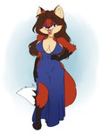 3_toes breasts cleavage cleavage_cutout clothed clothing cutout dress feet female half-closed_eyes jewelry leg_out looking_at_viewer narrowed_eyes necklace slit_dress solo thick_thighs toes minxydoodle fan_character canid canine fox mammal 3:4 hi_res