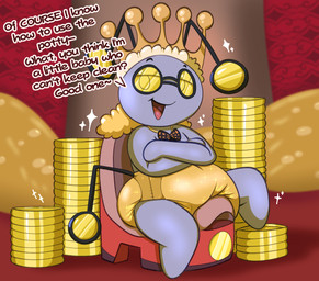 ambiguous_gender antennae_(anatomy) anthro black_antennae black_tail clean_diaper clothed clothing coin crossed_arms detailed_background dialogue diaper featureless_feet featureless_hands feet glistening_diaper gold_(metal) gold_coin grey_body jewelry looking_at_viewer narrowed_eyes necklace noseless open_mouth open_smile pile_of_gold potty sitting smile smug solo sparkles tail text three-quarter_view tilde_after_text wearing_diaper yellow_diaper yellow_eyes law_azure nintendo pokemon king_rocky generation_9_pokemon gimmighoul gimmighoul_(roaming_form) pokemon_(species) absurd_res english_text full-length_portrait hi_res portrait