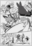 anthro arm_wraps bar_fight biped buckteeth clothed clothing female fight group hair long_hair male male/female open_mouth speech_bubble teeth text trio wraps peculiart bun_bash lynn_(peculiart) hare lagomorph leporid mammal 2024 absurd_res black_and_white comic digital_media_(artwork) english_text hi_res monochrome