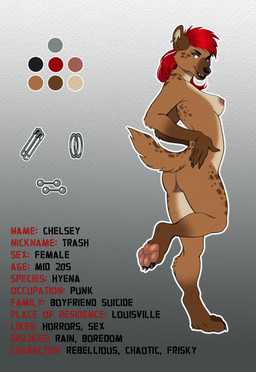 4_toes 5_fingers alternative_fashion anthro areola barbell_piercing black_nose breasts brown_body brown_fur butt claws color_swatch ear_piercing eyelashes fangs feet female finger_claws fingers fur hair hindpaw humanoid_hands long_eyelashes markings nipple_barbell nipple_piercing nipples nude nude_anthro nude_female pawpads paws piercing pink_pawpads punk red_hair safety_pin safety_pin_in_ear smile solo spots spotted_back spotted_body spotted_face spotted_fur spotted_legs spotted_markings spotted_shoulders spotted_tail spotted_thighs standing tail tail_markings teeth text toe_claws toes tuft lustrum trash_(lustrum) hyena mammal spotted_hyena character_name hi_res model_sheet