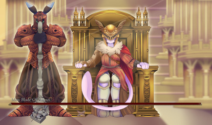 ambiguous_gender anthro armor chair clothing duo furniture hammer male throne tools konoeikreations elden_ring fromsoftware nintendo pokemon fan_character generation_1_pokemon legendary_pokemon mew_(pokemon) pikachu pokemon_(species) hi_res