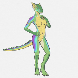 anthro breasts contiguous_snout ear_fins female fin genitals gold_(metal) gold_jewelry green_body jewelry lizard_tail markings multicolored_body nipples non-mammal_breasts nude nude_anthro nude_female purple_markings solo vulva yellow_body maaarked_one microsoft the_elder_scrolls glimmer-scales_(maaarked_one) argonian lizard reptile scalie 1:1 hi_res