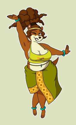 accessory anklet anthro barefoot bracelet breasts brown_body brown_fur brown_hair brown_lips cleavage clothed clothing countershading crop_top crown dancing facial_piercing feet female fur green_clothing green_crop_top green_sarong green_shirt green_topwear grey_background hair hair_accessory hairband headgear jewelry lips looking_at_viewer nose_piercing nose_ring one_eye_closed piercing poofy_hair raised_arm ring_piercing sarong septum_piercing septum_ring shirt simple_background slightly_chubby slightly_chubby_female solo tail tiara topwear updo white_body white_countershading wink winking_at_viewer snoopy_snoot mating_season_(series) harvest_(mating_season) mammal mustelid otter 2026 absurd_res colored digital_drawing_(artwork) digital_media_(artwork) hi_res