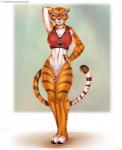 2015 anthro biped breasts claws cleavage clothed clothing doomthewolf dreamworks felid female front-print_panties fur genitals hand_behind_head hand_on_hip hi_res kung_fu_panda mammal master_tigress muscular muscular_anthro muscular_female navel nipple_outline one_eye_closed orange_body orange_eyes orange_fur panda_panties pantherine panties panties_down partially_clothed pink_clothing pink_panties pink_underwear print_clothing print_panties print_underwear pussy raised_arm shirt smile solo standing striped_body striped_fur stripes tank_top thigh_gap tiger toe_claws topwear towel underwear underwear_down whiskers white_body white_fur wink
