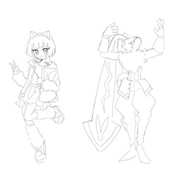 anthro bottomwear clothing duo female fluffy fluffy_chest gloves handwear legwear long_ears male navel pants ponytail_ears skirt stockings mar22826683 bandai_namco digimon digimon_beatbreak digimon_ghost_game reina_sakuya digimon_(species) human mammal symbareangoramon 1:1 hi_res monochrome sketch