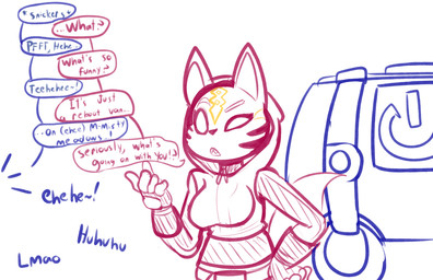 5_fingers anthro arms_bent belt big_breasts breasts clothed clothing color_coded color_coded_speech_bubble color_coded_text confusion dialogue eyebrows fangs female fingers front_view fur gloves hand_on_hip hand_on_own_hip handwear hoodie laugh linked_speech_bubble markings medium_truck no_pupils offscreen_character onomatopoeia open_mouth pink_clothing pink_gloves pink_handwear pink_hoodie pink_topwear raised_arm raised_eyebrow raised_hand reboot_van simple_background solo sound_effects speech_bubble striped_body striped_fur stripes teeth text topwear touching_hip touching_own_hip truck van vehicle white_background yellow_markings felino epic_games fortnite catalyst_(fortnite) canid canine fox mammal 2021 colored_sketch english_text hi_res sketch