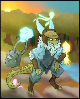 anthro black_border border clothing detailed_background forest group hat headgear headwear magic magic_user outside plant poncho shaman sun tree tribal_spellcaster pankallisti avian bird ghost kobold scalie spirit 2017