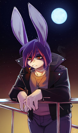 anthro bottomwear chin_tuft cigarette clothing denim denim_bottomwear denim_clothing facial_tuft fur hair half-closed_eyes jacket jeans jewelry leather leather_clothing leather_jacket leather_topwear male multicolored_body multicolored_fur narrowed_eyes necklace night pants purple_body purple_fur purple_hair slightly_chubby slightly_chubby_anthro slightly_chubby_male smoking smoking_tobacco solo topwear tuft two_tone_body two_tone_fur white_body white_fur naughtyjester arthur_(lapinbeau) domestic_rabbit flemish_giant lagomorph leporid mammal oryctolagus rabbit hi_res