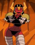 armor big_breasts bra breasts clothed clothing female flashing panties red_body red_skin skimpy smile solo underwear dboy ben_10 cartoon_network looma_red_wind alien alien_humanoid humanoid tetramand 2015 2d_animation animated frame_by_frame