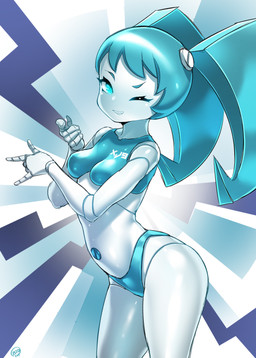 5_fingers biped blue_eyes blue_hair breasts clothed clothing female fingers gesture glowing glowing_eyes hair hand_gesture looking_at_viewer machine navel not_furry one_eye_closed open_mouth pointing pointing_at_viewer pose smile solo standing text topwear underwear wink born-to-die my_life_as_a_teenage_robot nickelodeon jenny_wakeman android humanoid robot robot_humanoid digital_media_(artwork) hi_res