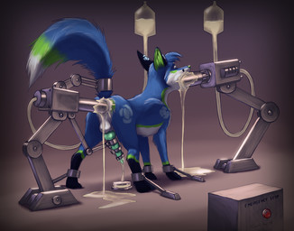 anal anal_penetration anus balls bdsm blue_body blue_fur bodily_fluids bondage bound cum feral fucking_machine fur genital_fluids genitals machine male milking_machine oral oral_penetration orgasm penetration penile penis penis_milking pushbutton raised_tail robotic_arm solo submissive submissive_male tail text taurin_fox sirfox_(character) zatch_(sirfox) canid canine fox mammal english_text