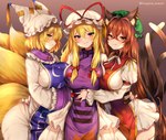 big_breasts blonde_hair blush breast_squish breasts breasts_frottage brown_hair clothed clothing female female/female group hair hat headgear headwear multi_tail squish tail trio marota touhou chen_(touhou) ran_yakumo yukari_yakumo animal_humanoid canid canid_humanoid canine canine_humanoid cat_humanoid felid felid_humanoid feline feline_humanoid fox_humanoid humanoid mammal mammal_humanoid