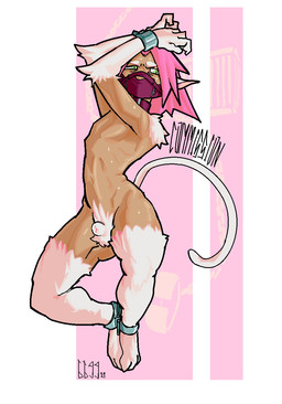 animal_genitalia ankle_cuffs arm_tuft bdsm bodily_fluids bondage bound cuff_(restraint) digitigrade fur furrowed_eyebrows genitals green_eyes hair male muzzle_(object) muzzled narrowed_eyes nude pink_hair raised_arms restraints sheath shoulder_tuft solo squint sweat thick_thighs tuft white_body white_fur wrist_cuffs die_rauser chessly animal_humanoid cat_humanoid felid felid_humanoid feline feline_humanoid humanoid mammal mammal_humanoid hi_res