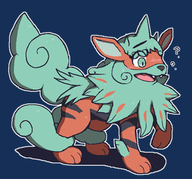ambiguous_gender black_markings blush blush_lines canine_teeth feral green_eyes green_hair green_mane green_tail hair implied_transformation looking_confused mane markings open_mouth orange_body outline question_mark shadow simple_background solo tail tongue transparent_background white_outline oagoner nintendo pokemon touhou aunn_komano generation_8_pokemon hisuian_arcanine hisuian_form pokemon_(species) regional_form_(pokemon) 2026 alpha_channel female_(lore)