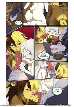 animal_genitalia animal_penis balls blush blush_lines bodily_fluids bound butt canine_genitalia canine_penis collar dialogue eyes_closed fellatio femboy genital_fluids genitals knot licking male male/male nude oral oral_penetration patreon_logo patreon_username penetration penile penis penis_lick precum rope sex standing text tongue tongue_out sollyz patreon felid lagomorph leporid lion mammal pantherine rabbit 2021 comic english_text url