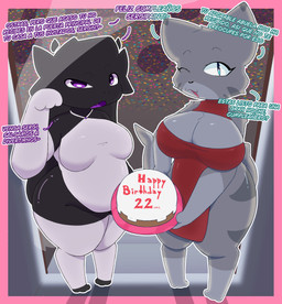 anthro belly big_belly big_breasts birthday birthday_cake breasts cake clothed clothing dessert duo female female/female food looking_at one_eye_closed shark_tail simple_background skimpy slightly_chubby small_breasts stairs text thick_thighs wide_hips wink jazzedsketch bibi_(jazzedsketch) evelyn_(jazzedsketch) aquatic domestic_cat felid feline felis fish hybrid lagomorph mammal shark viewer colored digital_drawing_(artwork) digital_media_(artwork) hi_res spanish_text