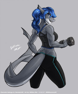 anthro athletic_wear blue_eyebrows blue_eyes blue_hair bottomwear bra breasts clothing crop_top dumbbell exercise eyebrows eyelashes female fin furgonomics grey_background grey_body grey_skin hair looking_at_viewer looking_back muscular muscular_anthro muscular_female non-mammal_breasts open_mouth pants shirt simple_background smile solo sports_bra tail tail_fin teeth topwear underwear weightlifting weights workout yoga_pants wmdiscovery93 lexidia aquatic fish shark 2017 hi_res signature