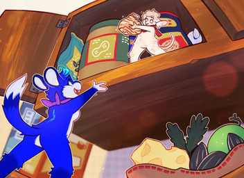 bandanna_scarf blue_body blue_fur breasts food fur holding_food holding_object inner_ear_fluff kitchen_cabinet low-angle_view micro mostly_nude scarf scarf_only side_boob tuft crownedvictory 2026 absurd_res hi_res tagme
