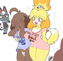 anthro bell big_breasts blush bottomless breasts cellphone cleavage clothed clothing covering covering_face electronics embarrassed featureless_crotch female fraternal_twins group huge_breasts implied_incest male male/female nipple_outline phone shirt shirt_only simple_background smartphone smile suggestive_clothing suggestive_shirt tail tail_motion tailwag thick_thighs topless topwear topwear_only trio vest white_background tod_d animal_crossing nintendo digby_(animal_crossing) isabelle_(animal_crossing) raymond_(animal_crossing) canid canine canis domestic_cat domestic_dog felid feline felis mammal shiba_inu shih_tzu spitz toy_dog absurd_res digital_media_(artwork) hi_res brother_(lore) brother_and_sister_(lore) incest_(lore) sibling_(lore) sister_(lore) twincest_(lore) twins_(lore)