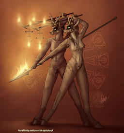anthro antlers balls black_nose breasts brown_body brown_fur brown_hair duo female fire fur genitals hair hooves horn intraspecies male male/female markings melee_weapon navel nipples nude nude_anthro nude_female nude_male penis polearm ritual spear tribal tribal_markings weapon sk-spitzkopf deer mammal