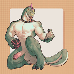 anthro ball balls collar collar_only facial_piercing foreskin genital_piercing genitals holding_ball holding_object humanoid_genitalia humanoid_penis kneeling muscular muscular_anthro nose_piercing nose_ring nude nude_male on_one_knee penis penis_piercing piercing prince_albert_piercing ring_piercing simple_background tail tongue tongue_out yellow_sclera jrjresq goat_(movie) modo_olachenko scalie 1:1 hi_res