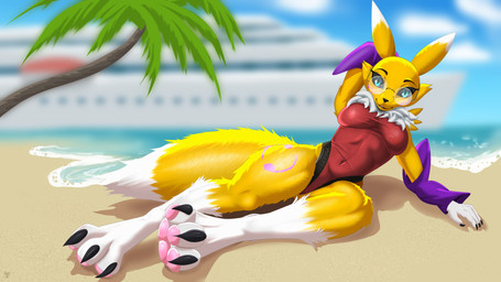 anthro beach clothing eyewear female glasses lifeguard lifeguard_swimsuit looking_at_viewer lying one-piece_swimsuit smile solo sunny swimwear nova_bold bandai_namco digimon fan_character canid canine digimon_(species) fox mammal renamon 16:9 hi_res widescreen