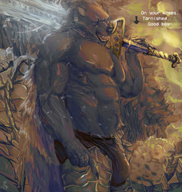 anthro armor bulge claws clothed clothing dominant fur good_boy grey_body looking_at_viewer male melee_weapon muscular nipple_piercing nipples pecs piercing scar smile solo sword teeth text tongue weapon artjackal elden_ring fromsoftware blaidd_(elden_ring) canid canine canis mammal wolf english_text hi_res