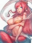 5_fingers bare_shoulders big_breasts blue_eyes breasts ear_piercing eyebrows eyelashes female fingers hair long_hair midriff monster_girl_(genre) navel nipples open_mouth piercing pink_hair shell shy simple_background solo split_form white_background humio one_piece shirahoshi animal_humanoid humanoid marine merfolk 2015 3:4