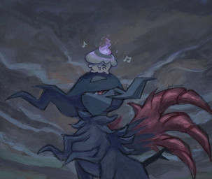 ambiguous_gender black_body black_fur black_hair colored_fire duo eyes_closed feral fire fur hair horn musical_note musical_symbol one_eye_obstructed purple_fire red_eyes symbol white_body dietranch nintendo pokemon pokemon_legends_z-a animate_inanimate generation_5_pokemon generation_9_pokemon litwick mega_absol_z mega_evolution pokemon_(species) 2025 hi_res signature