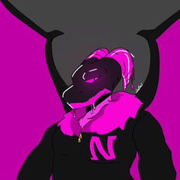 black_body clothing dripping fluffy_hood horn initial_letter jacket magenta_body magenta_eyes male slime solo topwear wings unknown_artist mythology neeco_neecoola dragon goo_creature mythological_creature mythological_scalie scalie