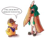 ambiguous_gender anthro beak clothing dialogue duo facepalm feathers feet hat headgear headwear kerchief semi-anthro simple_background talons text toes wings mendobear nintendo pokemon anatid anseriform avian bird decidueye duck generation_1_pokemon generation_7_pokemon pokemon_(species) psyduck absurd_res english_text hi_res