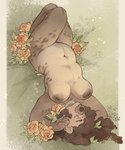 anthro breast_physics breasts brown_hair casual_nudity ear_piercing ear_ring eyes_closed facial_piercing female flower hair lying navel nipples nose_piercing nose_ring nude on_back piercing plant ring_piercing solo niochem gwen_(niochem) hyena mammal 2023 hi_res