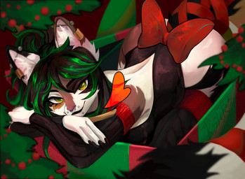 accessory anthro black_clothing black_hair black_legwear black_stockings bodysuit bow_accessory bow_ribbon box butt_bow christmas_clothing christmas_decorations christmas_gift christmas_present christmas_tree clothing container female fur furgonomics gift gloves green_hair hair handwear heart_symbol holidays knitted legwear marry_christmas multicolored_body multicolored_fur multiple_piercings piercing plant red_bow ribbon_around_tail ribbons skinsuit slightly_chubby solo spots stockings tail tail_accessory tail_bow tail_ribbon tight_clothing tree ksujo christmas domestic_cat felid feline felis mammal absurd_res hi_res