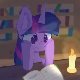 book candle female fire hand_on_face horn inner_ear_fluff library reading smile solo starry_eyes tuft miaaqua friendship_is_magic hasbro my_little_pony mythology twilight_sparkle_(mlp) equid equine mammal mythological_creature mythological_equine unicorn 1:1