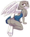 :3 anthro backless_clothing backless_dress breasts butt clothed clothing dipstick_ears dress ear_markings feathered_wings feathers feet female leaning leaning_forward looking_back multicolored_ears no_underwear pose purple_eyes rear_view simple_background smile solo upskirt white_background white_wings wings akiric disney zootopia judy_hopps lagomorph leporid mammal rabbit skvader 2017 pinup