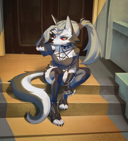 anthro bottomwear breasts clothing collar crop_top digitigrade door eyebrows eyelashes feet female fingerless_gloves fingers fur gloves grey_body grey_fur grey_hair hair handwear inner_ear_fluff ponytail red_sclera shirt shorts sitting solo spiked_collar spikes stairs topwear tuft white_body white_fur zeker hellaverse helluva_boss mythology loona_(helluva_boss) canid canid_demon canine demon hellhound mammal mythological_canine mythological_creature 2025 absurd_res digital_media_(artwork) hi_res