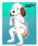 anthro clothed clothing crouching diaper diaper_fetish diaper_only diaper_use feces fur hair male pooping scatplay simple_background soiled_diaper soiling soiling_diaper solo text topless unclean_diaper used_diaper wearing_diaper white_body white_fur young young_anthro baltnwolf peanuts_(comic) andy_(peanuts) beagle canid canine canis domestic_dog hunting_dog mammal scent_hound absurd_res digital_media_(artwork) english_text hi_res