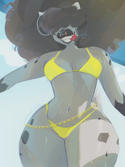 afro anthro bikini black_hair black_nose breasts chain cleavage clothed clothing facial_piercing female hair hair_over_eyes legs_together medium_breasts navel nose_piercing nose_ring piercing ring_piercing smile solo standing swimwear teeth text thick_thighs tongue tongue_out two-piece_swimsuit wide_hips yellow_bikini yellow_clothing yellow_swimwear supersilly64 hyena mammal 2026 3:4 artist_name hi_res