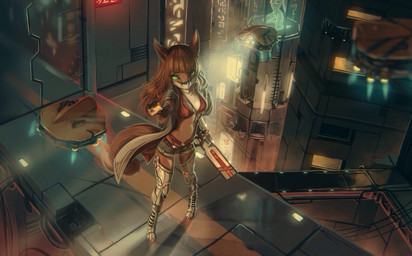 anthro bionics black_nose bra breasts city cityscape cleavage clothed clothing cybernetics cyberpunk female fur future futuristic_architecture green_eyes gun hair holding_object looking_at_viewer machine ranged_weapon red_hair solo underwear urban vehicle weapon fruitbloodmilkshake spark_(dark_sky17) canid canine cyborg fox mammal 2017