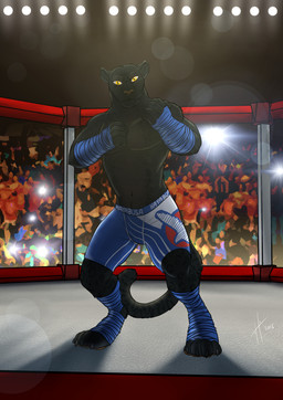 anthro bandage bandaged_arm bandaged_leg black_body black_fur blue_bottomwear blue_clothing blue_shorts bottomwear clothed clothing fighting_ring front_view fur inside looking_at_viewer male male_anthro mouth_closed muscular muscular_anthro muscular_male navel pecs shorts solo standing topless yellow_eyes hufnaar felid mammal pantherine 2016 absurd_res dated full-length_portrait hi_res portrait