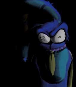 accessory anthro black_background black_eyes blue_body creepy_face creepy_smile male necktie scary simple_background smile solo rabbit5gamer lagomorph leporid mammal rabbit hi_res