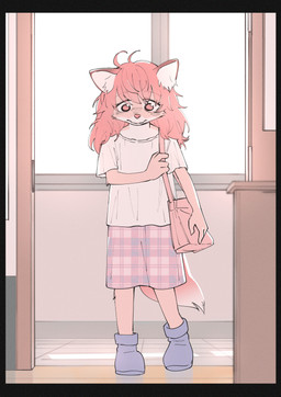 4_fingers anthro bag blue_clothing blue_footwear blue_shoes bottomwear clothing detailed_background door female fingers fluffy fluffy_tail footwear fur hair holding_object inside long_hair looking_down nervous pink_body pink_bottomwear pink_clothing pink_eyes pink_fur pink_hair pink_skirt school shirt shoes skirt solo standing t-shirt tail topwear white_clothing white_shirt white_t-shirt white_topwear window young young_anthro young_female theterm fur_(theterm) canid canine fox mammal 2023 hi_res