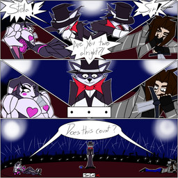 anthro big_muscles bow_tie brown_hair circus clothing clown_makeup female fingerless_gloves footwear fur gloves grey_body grey_clothing grey_fur group hair handwear heart_clothing heart_symbol high_heels hoodie huge_muscles hyper hyper_muscles makeup male melee_weapon muscular muscular_female pale_skin pink_accessory shoes speech_bubble suit sword topwear weapon wristband kreiser_vii axel_grey_(rakoongrey) jason_sutherland stella_(rakoongrey) human lagomorph leporid mammal procyonid rabbit raccoon 1:1 absurd_res colored comic hi_res