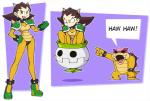 brown_hair eyewear fangs female green_eyes hair koopa_clown_car male pink_body pink_skin sunglasses teeth yellow_body yellow_skin shenanimation capcom mario_bros mega_man_(series) mega_man_legends nintendo super_smash_bros. bowser_jr. koopaling roy_koopa tron_bonne animal_humanoid humanoid koopa reptile scalie