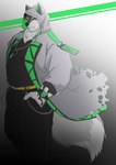 anthro clothing green_eyes hand_in_pocket hoodie long_coat male muscular muscular_anthro muscular_male pockets red_sclera solo topwear white_clothing ioenami88 lifewonders live_a_hero monomasa canid canine canis domestic_dog husky mammal nordic_sled_dog spitz absurd_res hi_res