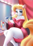 2022 animaniacs anthro artist_name bathrobe breasts brush cleavage clothed clothing collaboration curtains female fur hairbrush hi_res ladnelsiya looking_at_viewer mammal minerva_mink mink mustelid musteline perfume red_clothing red_topwear robe sitting smile solo topwear true_musteline warner_brothers weeniewonsh white_body white_fur