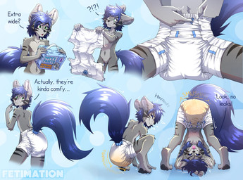 anthro big_tail blep blue_hair blush bodily_fluids clothed clothing crouching dialogue diaper diaper_only featureless_crotch fur genital_fluids grey_body grey_fur hair headstand looking_back male putting_on_diaper solo tail text tongue tongue_out topless unclean_diaper upside_down urine used_diaper using_diaper wearing_diaper wet_diaper wetting wetting_diaper wide_diaper fetimation fet canid canine canis mammal wolf english_text sequence