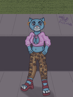3_fingers 3_toes alternate_costume anthro belly big_breasts biped black_eyebrows black_eyes blue_body blue_breasts blue_ears blue_fur blue_markings bottomwear bow_(feature) breasts cleavage_cutout closed_smile clothed clothed_anthro clothed_female clothing clothing_bow crop_top curved_eyebrows cutout ear_piercing ear_ring elderly elderly_anthro elderly_female eyebrows eyelashes eyeshadow facial_markings feet female fingers footwear front_view fully_clothed fully_clothed_anthro fully_clothed_female fur glistening glistening_clothing glistening_crop_top glistening_shirt glistening_topwear grass grey_eyeshadow hands_on_hips hands_on_own_hips head_markings iris light_body light_fur long_eyelashes looking_at_viewer makeup markings mature_anthro mature_female mouth_closed multicolored_bottomwear multicolored_clothing muzzle_(marking) navel no_pupils outside pants pattern_bottomwear pattern_clothing pattern_pants piercing pink_bow pink_clothing pink_crop_top pink_nose pink_shirt pink_topwear plant plantigrade pointy_ears prick_ears red_clothing red_footwear red_sandals red_shoes ring_piercing road sandals shadow shirt shoes sidewalk slightly_chubby slightly_chubby_anthro slightly_chubby_female smile smiling_at_viewer snout solo standing straight_legs thick_eyebrows toeless_(marking) toes topwear two_tone_bottomwear two_tone_clothing two_tone_pants whisker_markings white_markings white_sclera dantepicto_levi cartoon_network the_amazing_world_of_gumball mary_senicourt domestic_cat felid feline felis mammal 2025 dated digital_drawing_(artwork) digital_media_(artwork) full-length_portrait hi_res portrait signature